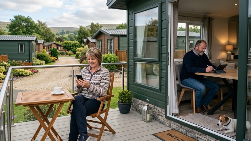 Couple using WiFi on the decking of their static caravan on a holiday park