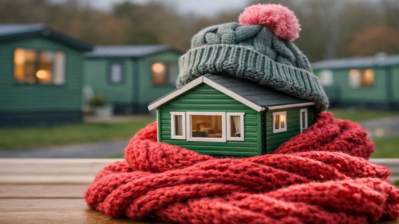 Miniature static caravan model wrapped in a cosy knitted scarf and bobble hat, with holiday homes in the background