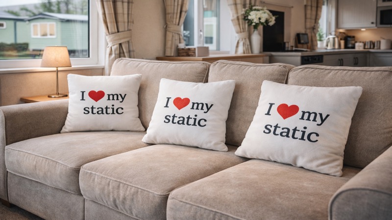 Static caravan living room sofa with three I Love My Static cushions, warm lamp light and kitchen in background