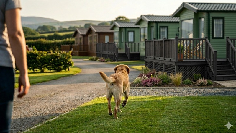 Dog-friendly static caravan parks — a dog on a holiday park path