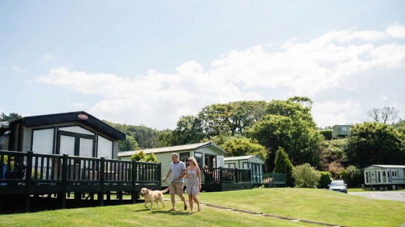 Owners walking their dogs at a quiet countryside holiday home park in Mid Wales