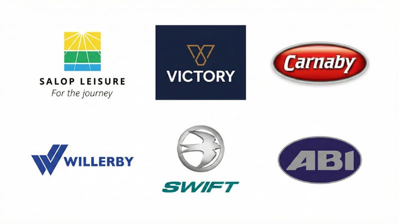 Official partner brand logos: Swift, ABI, Willerby, Carnaby, and Victory Leisure Homes