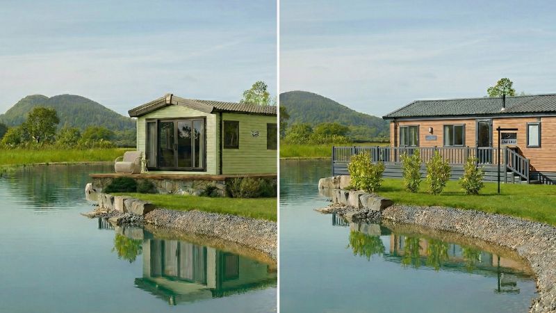 A luxury holiday lodge with extensive decking compared to a standard static caravan