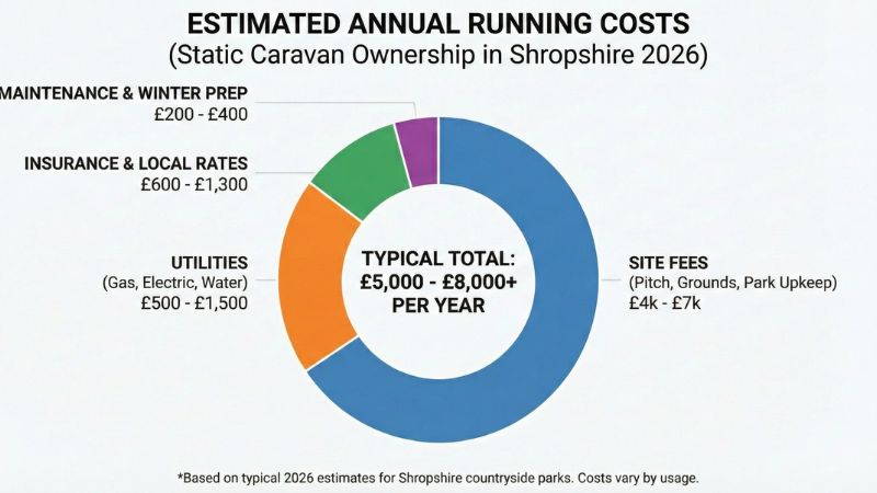 Infographic showing typical 2026 static caravan running costs in Shropshire, breaking down annual totals into pitch fees and other bills