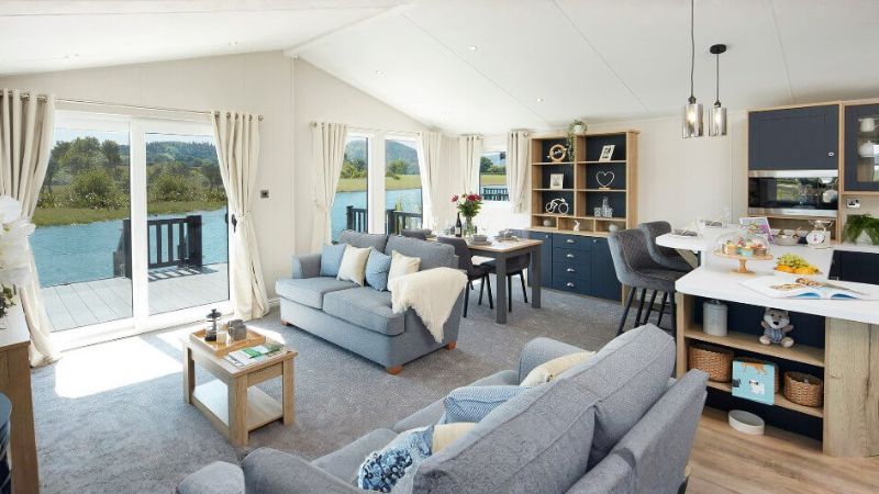 Modern open-plan interior of a static caravan holiday home
