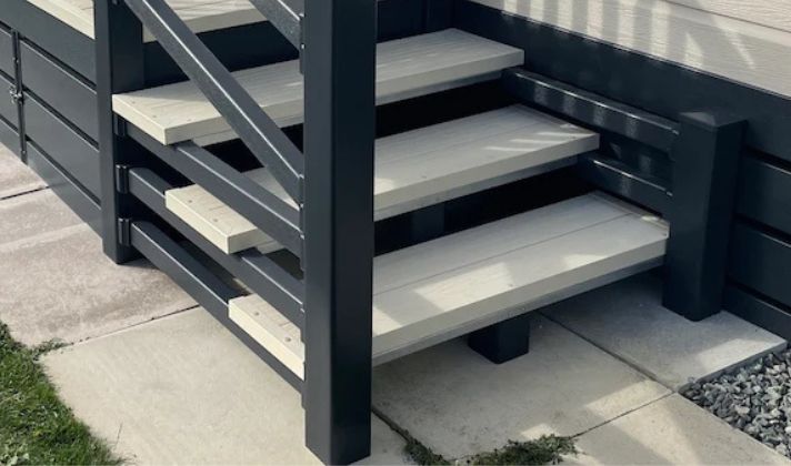 Composite non-slip steps with handrail leading to a static caravan door.