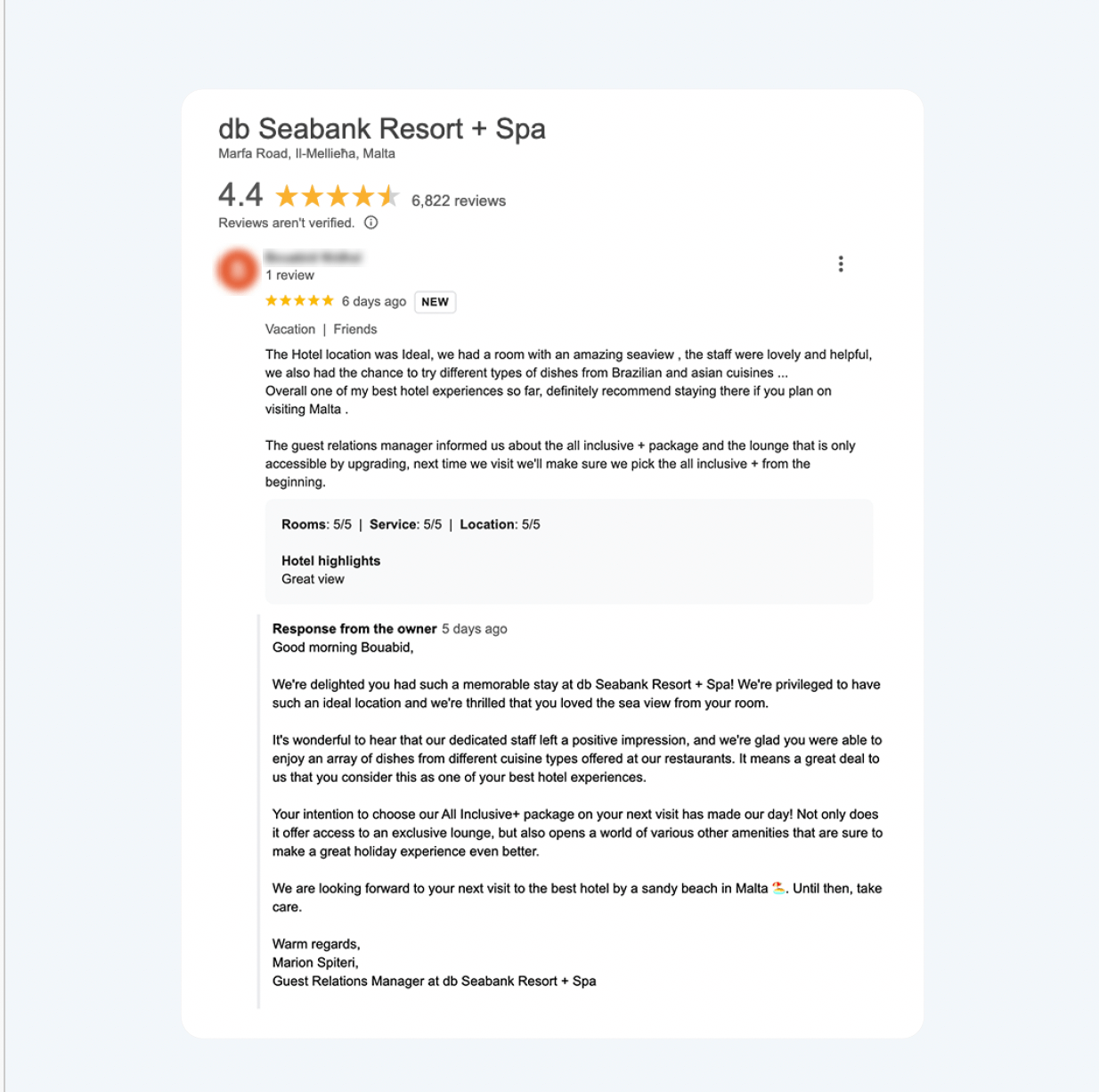 AI Positive Review Response example for Hotel