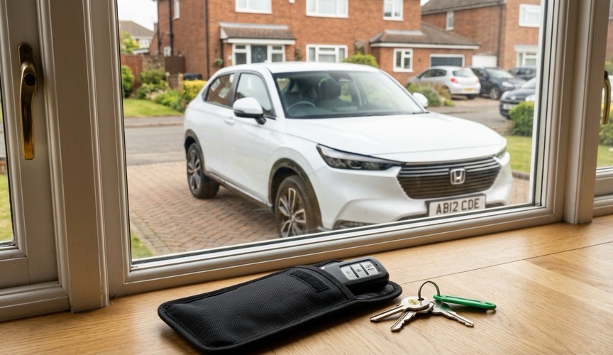 Faraday pouch and Honda key on a kitchen worktop, with a Honda HR-V parked on a UK driveway outside the window