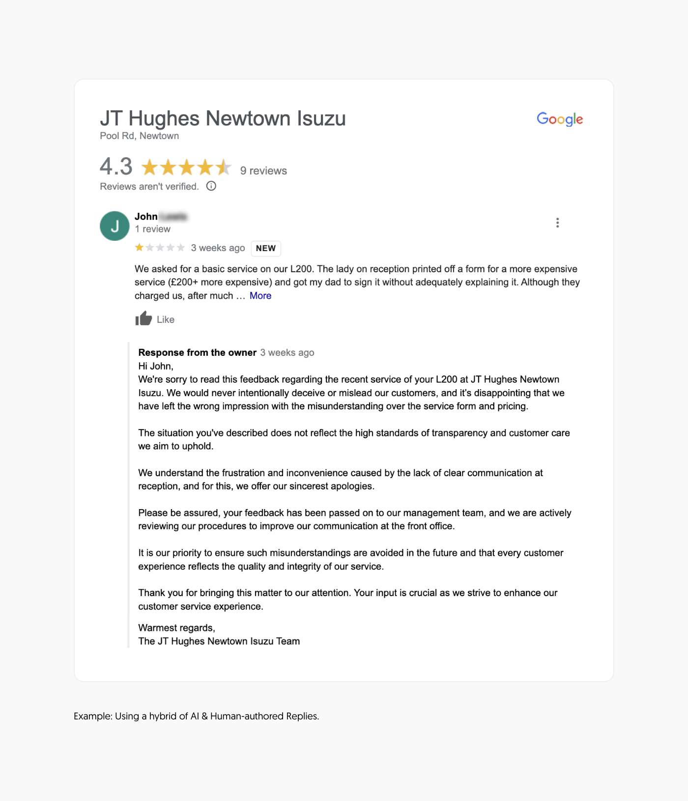 Negative Review with AI & Human Authored Response